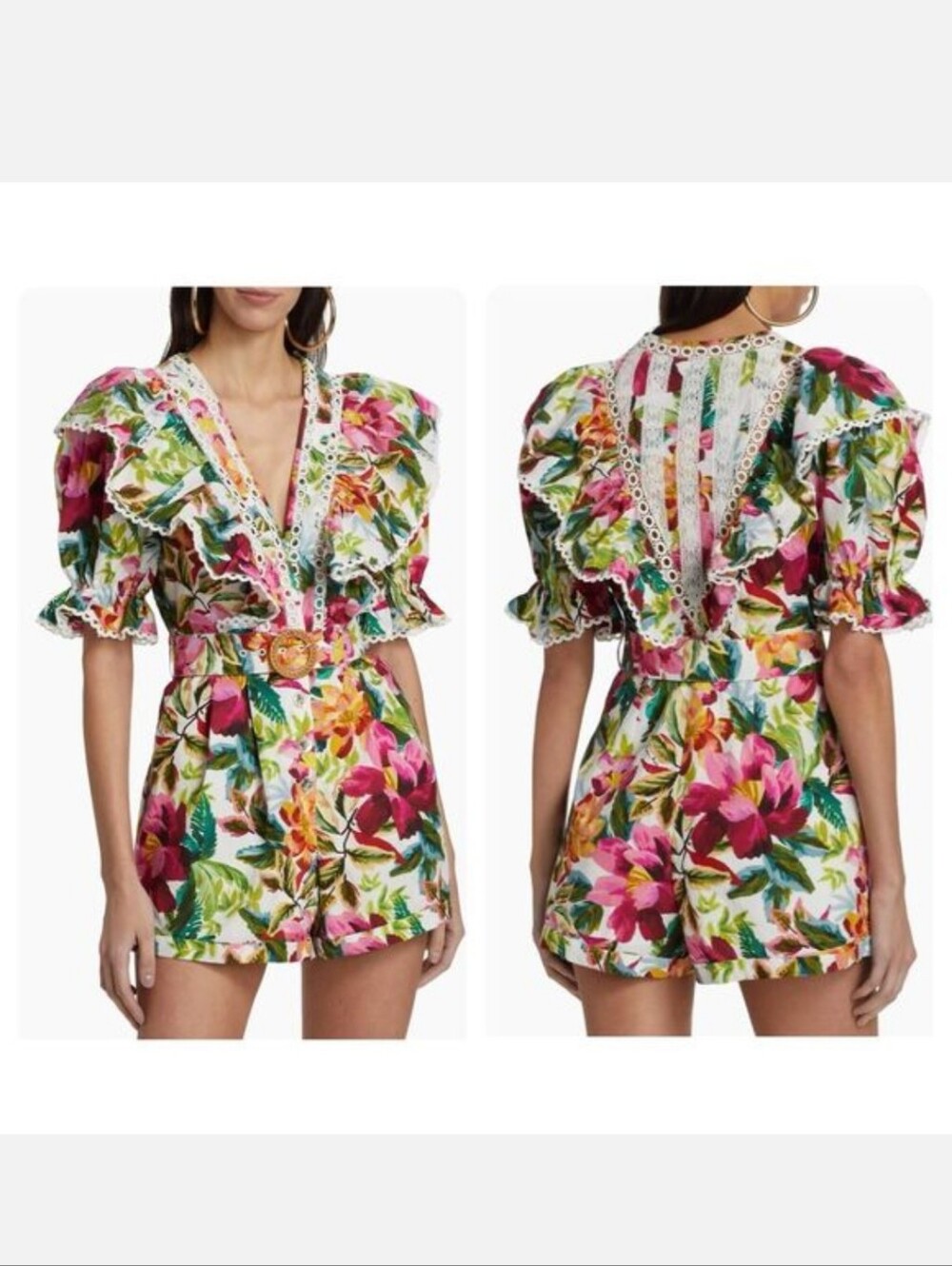 FARM Rio Painted Flowers Lace-trim Belted Cotton Romper Boho Chic